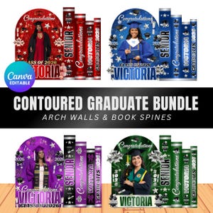 May include: A graduation bundle with arch walls and book spines, featuring graduates, the name "Victoria", and the year "2026". The designs include the text "Congratulations". Available in red, blue, purple, and green colour schemes, ideal for celebrating graduation.