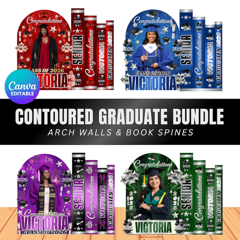 May include: A graduation bundle with arch walls and book spines, featuring graduates, the name "Victoria", and the year "2026". The designs include the text "Congratulations". Available in red, blue, purple, and green colour schemes, ideal for celebrating graduation.