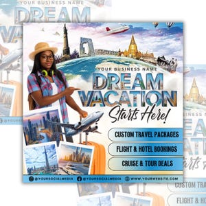 Può includere: Una pubblicità di viaggio con il testo "DREAM VACATION Starts Here!". Presenta una donna che indica un globo con monumenti. L'annuncio include immagini di un aereo, bagagli e pacchetti di viaggio.