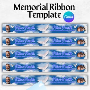 May include: A memorial ribbon template with a blue sky background and white clouds. The text includes the name "Steve Smith" with dates and the phrase "Forever Cherished in Our Hearts." A dove graphic is also present.