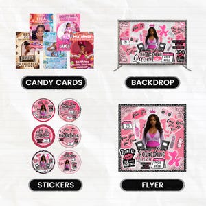 K&ouml;nnte beinhalten: Eine Sammlung von Produkten zum Thema Homecoming, darunter S&uuml;&szlig;igkeitenkarten, ein Hintergrund, Aufkleber und ein Flyer. Die Designs zeigen eine junge Frau, den Text "Emma Johns Homecoming Queen" und die Jahre 2025 und 2026. Das Farbschema ist haupts&auml;chlich rosa und schwarz.