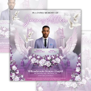 Puede incluir: Anuncio conmemorativo con el texto "In Loving Memory of James Allen". El diseño incluye un retrato, palomas, elementos florales y la dirección de la capilla Willowbrook Grace. También se incluyen las fechas de nacimiento y fallecimiento.