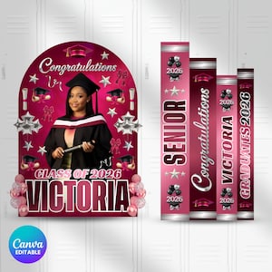 May include: A graduation design with a woman in a cap and gown, the text "Congratulations" and "Class of 2026 VICTORIA." The design includes star-shaped balloons and graduation caps. Four vertical banners display the words "SENIOR", "Congratulations", "VICTORIA", and "GRADUATES 2026".