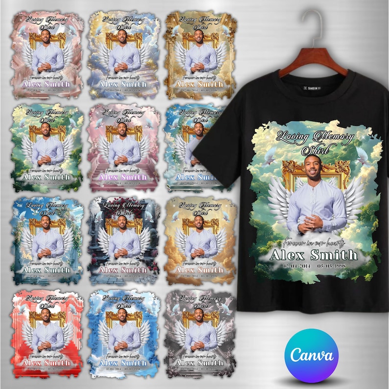Pu&ograve; includere: Una maglietta nera e biglietti commemorativi con il ritratto di un uomo con le ali d'angelo, incorniciato con la scritta "Loving Memory". Le carte e la maglietta includono il nome "Alex Smith" e le date.