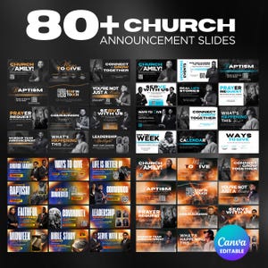 Puede incluir: Una colección de más de 80 diapositivas de anuncios para iglesias con varias plantillas que incluyen texto como Church Family, Ways to Give, Connect & Grow Together, Baptism, Prayer Request y Serve With Us, en tonos negro, blanco y naranja.