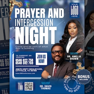 May include: A promotional flyer for a prayer and intercession night event. The design features the text "Prayer and Intercession Night" in large white letters, with images of two speakers and a cross. Contact information and event details are also included.