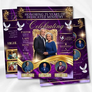 May include: Purple and gold event flyers honouring 25 years of dedicated ministry. The flyers feature a photo of a couple, doves, and the text "Celebrating" and "Faith Baptist Church". The event date is August 18, 2025.