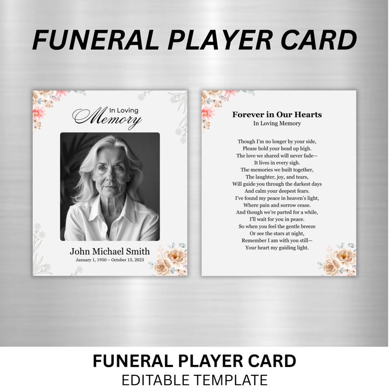 Pu&ograve; includere: Un biglietto funebre con la scritta "FUNERAL PLAYER CARD" in alto. La carta presenta una foto in bianco e nero di una persona, con testo sottostante. Il lato destro ha una poesia. Sono presenti accenti floreali.