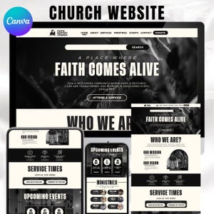 May include: A website design for a church, displayed on a desktop computer and two mobile devices. The design features a black and white color scheme with the text "CHURCH WEBSITE" at the top. The website includes sections for services, events, and contact information.