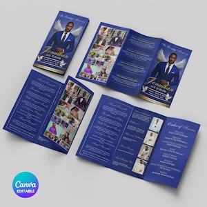 May include: A blue funeral program with the name "Jonathan Lee Turner" and a photo of a man in a suit. The program includes text and photos, with the Canva logo in the corner.