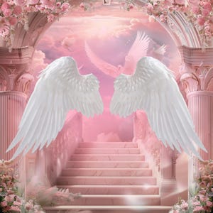 May include: A pair of large, white angel wings are the focal point of this image, set against a pink and white backdrop. The wings are detailed with individual feathers. The background features a staircase, columns, and floral accents, creating a heavenly scene.