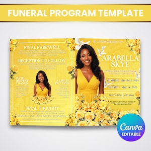 May include: A yellow funeral program template with the text "FUNERAL PROGRAM TEMPLATE". The program includes a photo of a woman in a yellow dress, floral accents, and the text "ARABELLA SKYE".
