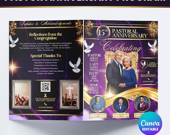 Pastoral Anniversary Program, Purple And Gold Church Pastoral Anniversary Bi-Fold Brochure, Church Anniversary brochure canva template