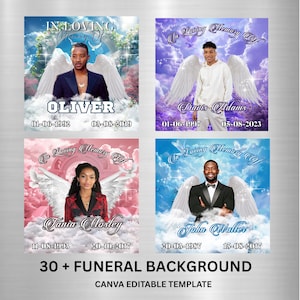 Pu&ograve; includere: Quattro modelli commemorativi con immagini di persone, ali d'angelo e date. Ogni modello presenta il nome e le date di una persona diversa. Il testo "In Loving Memory Of" &egrave; in alto. Il testo in basso recita "30 + FUNERAL BACKGROUND CANVA EDITABLE TEMPLATE."