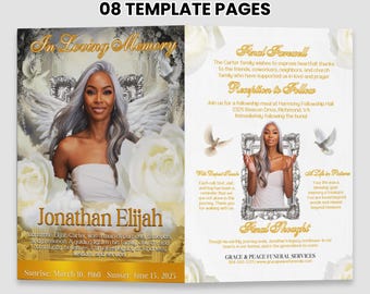 White and Gold Funeral Program Canva Template, 8.5x11 Funeral Memorial program Template, Celebration of Life, Obituary Book,in Loving Memory