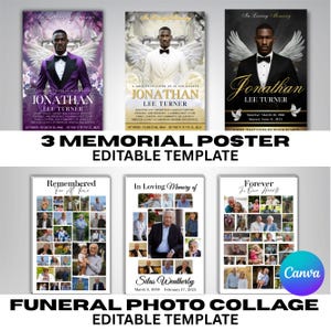 Pu&ograve; includere: Una collezione di poster commemorativi e collage di foto. I poster presentano un ritratto di un uomo con ali d'angelo, con il nome "Jonathan Lee Turner". I collage di foto sono per funerali e servizi commemorativi.