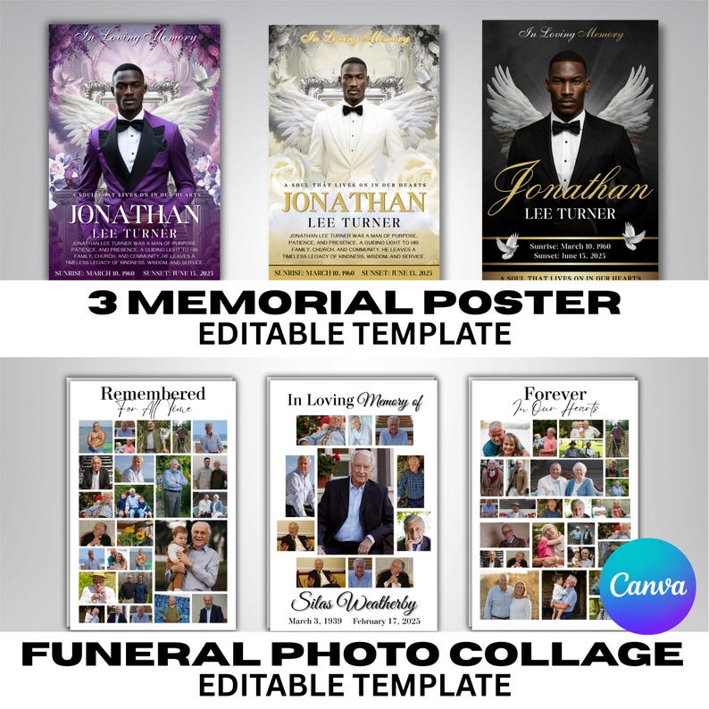 Pu&ograve; includere: Una collezione di poster commemorativi e collage di foto. I poster presentano un ritratto di un uomo con ali d'angelo, con il nome "Jonathan Lee Turner". I collage di foto sono per funerali e servizi commemorativi.