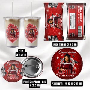 May include: A collection of graduation-themed items featuring the name "AMILA" and "Class of 2026." Includes two clear cups (3 x 3 in), a rice treat package (5 x 7 in), a pin template (2.5 x 2.5 in), and a sticker (2.5 x 2.5 in). All items are red and white.