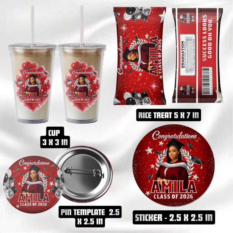 May include: A collection of graduation-themed items featuring the name "AMILA" and "Class of 2026." Includes two clear cups (3 x 3 in), a rice treat package (5 x 7 in), a pin template (2.5 x 2.5 in), and a sticker (2.5 x 2.5 in). All items are red and white.