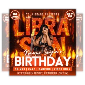May include: A vibrant flyer in orange and yellow, promoting Naomi Layla's birthday celebration. The design features the words "Libra Season" and details about drinks, cake, dancing, and vibes. The event is on August 4th, from 8-11 PM.