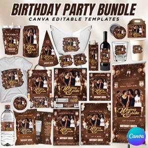 May include: A collection of brown and gold birthday party supplies with the text "BIRTHDAY PARTY BUNDLE" and "Waiting to Exhale." Includes invitations, cups, a wine bottle, a shirt, and more. Canva editable templates.