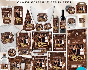 May include: A collection of brown and gold birthday party supplies with the text "BIRTHDAY PARTY BUNDLE" and "Waiting to Exhale." Includes invitations, cups, a wine bottle, a shirt, and more. Canva editable templates.