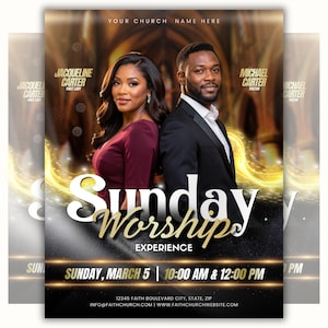 May include: A promotional flyer for a church event. It features a man and woman, with the words "Sunday Worships Experience" in gold lettering. The flyer includes event details such as the date, time, and church contact information.
