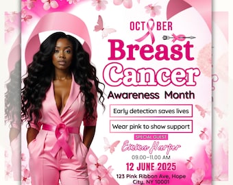 Breast Cancer Awareness Flyer, Pink Breast Cancer Event Flyer, Editable Pinktober Fundraising Flyer,Stronger Than Cancer Charity Event Flyer