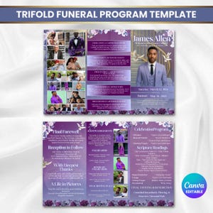 Pode incluir: Um modelo de programa fúnebre tríptico com um design floral roxo e branco. O programa inclui fotos, texto e o nome "James Allen". O modelo editável do Canva foi projetado para serviços memoriais.