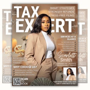 May include: Magazine cover featuring a woman in a tan suit, with the text "TAX EXPERT" in large letters. The cover includes text about tax services, a QR code, and the name "Scarlett Smith."