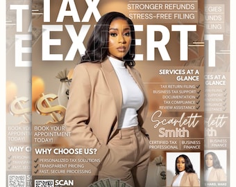 Puede incluir: Portada de revista con una mujer con un traje color beige, con el texto "TAX EXPERT" en letras grandes. La portada incluye texto sobre servicios fiscales, un código QR y el nombre "Scarlett Smith."