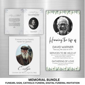 Pu&ograve; includere: Un pacchetto commemorativo con un cartello funebre, un funerale cattolico e un invito funebre digitale. Il design include una foto di una persona, testo e accenti floreali. Il testo include le parole "Onorando la vita di" e "Per sempre nei nostri cuori, mai dimenticati."