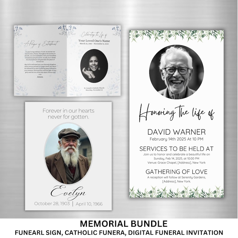 Pu&ograve; includere: Un pacchetto commemorativo con un cartello funebre, un funerale cattolico e un invito funebre digitale. Il design include una foto di una persona, testo e accenti floreali. Il testo include le parole "Onorando la vita di" e "Per sempre nei nostri cuori, mai dimenticati."