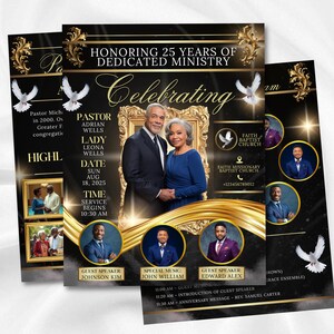 May include: A flyer commemorating 25 years of dedicated ministry. The design includes a photo of a couple in formal wear, gold detailing, and the word "Celebrating." Further text provides the date, time, and names of guest speakers.