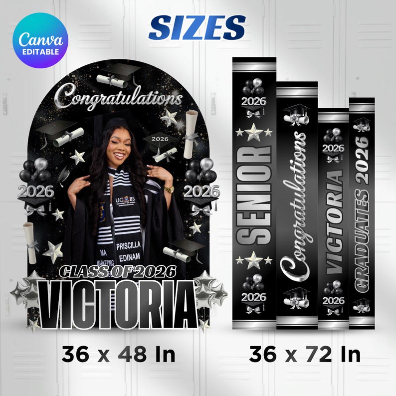 May include: A graduation banner set in black and silver. The main banner is 91 x 122 cm and features a graduate, the name "Victoria", and "Class of 2026". Additional banners are 91 x 183 cm, with "Senior", "Congratulations", and "Graduates 2026".