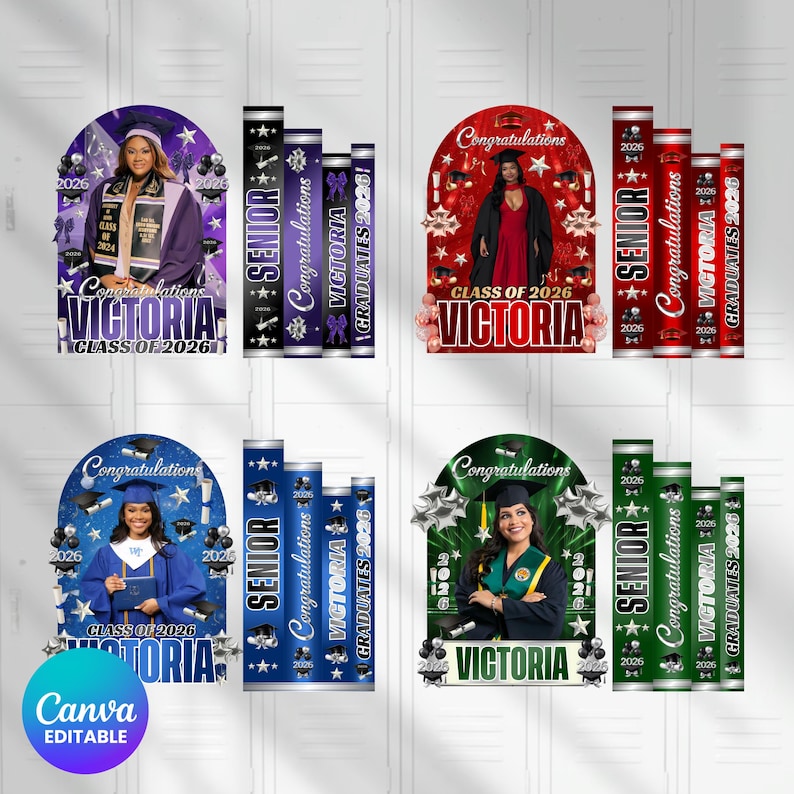 May include: Four graduation designs with photos of graduates, the name "Victoria", and the year "2026". Each design includes a photo within an arch, with matching cylindrical decorations featuring "Senior", "Congratulations", and "Graduates 2026" text.