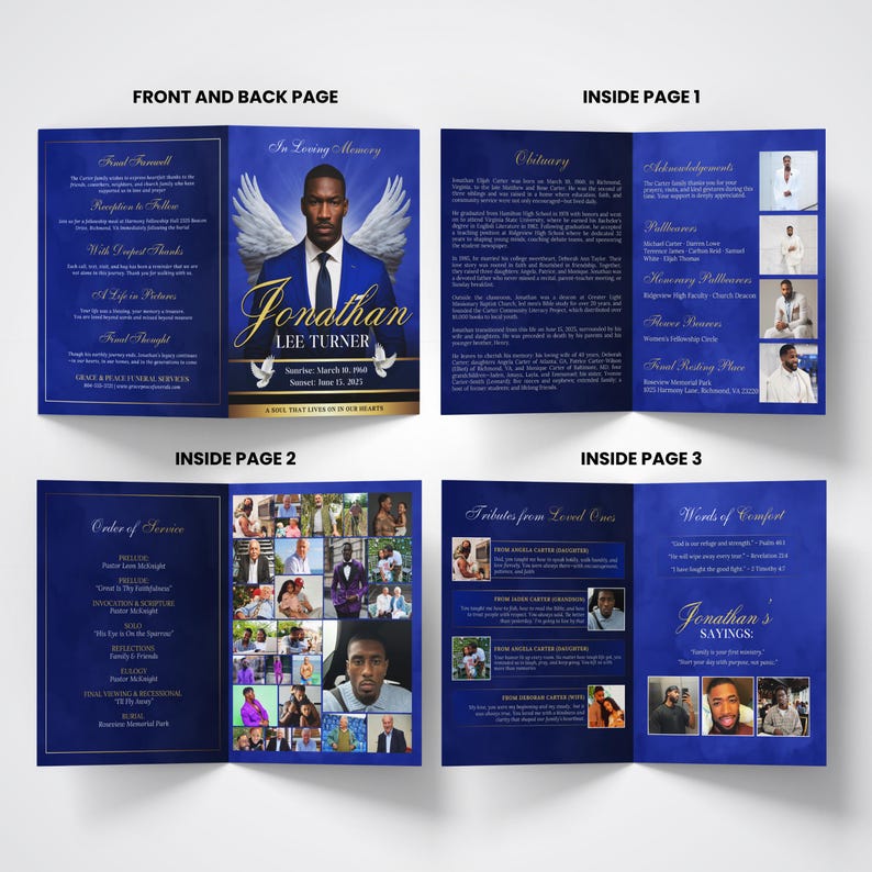 Blue Funeral Program 8 Pages Template, Editable in Loving Memory