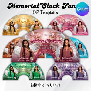 Op de afbeelding: Memorial Black Fan sjablonen met de tekst "In Fond Remembrance" en "Natalie Robinson". Het ontwerp bevat afbeeldingen van een vrouw met engelen vleugels, data en de zin "Gone from our sight, but never from our hearts."
