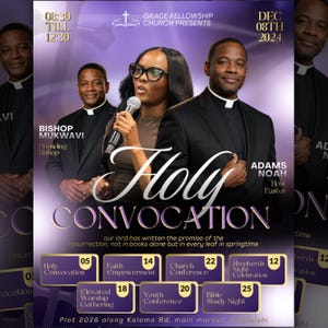 以下が含まれることがあります： 教会イベントのプロモーションポスター。フォーマルな服装の3人が写っています。ポスターは紫と白で、「Holy Convocation」の文字が大きく表示されています。イベントの詳細、日付、教会の名前も含まれています。