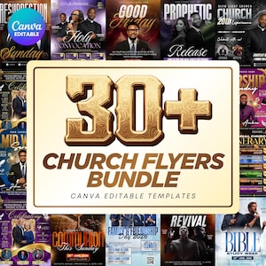 Puede incluir: Un conjunto de folletos de iglesia con un gráfico dorado "30+" en el centro. Los folletos son plantillas editables de Canva, con temas como "Holy Convocation" y "Good Friday".