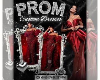 May include: Prom custom dresses advertisement. The image features a black background with sparkling effects and three women in elegant red gowns. The text "PROM Custom Dresses" is displayed prominently.
