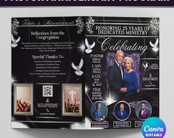 Può includere: Un volantino del programma dell'anniversario del pastore con un design viola e nero. Il volantino include il testo "Onorare 25 anni di ministero dedicato" e "Celebrare". Presenta foto del pastore Adrian Wells e Lady Leona Wells, insieme a relatori ospiti e dettagli del servizio.