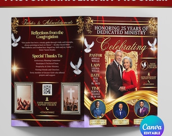 Può includere: Un programma di anniversario del pastore bordeaux e oro, che onora 25 anni di ministero dedicato. Il programma presenta foto del pastore Adrian e Lady Leona Wells, insieme agli oratori ospiti. Include il testo: "Celebrating", "Faith Missionary Baptist Church" e "Canva Editable".