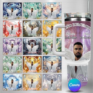 Pu&ograve; includere: Una collezione di articoli commemorativi con un uomo con le ali d'angelo. Gli articoli includono un bicchiere con cannuccia e una serie di immagini quadrate. Il bicchiere ha il testo "BEYOND REMEMBRANCE" e "Sunrise 01-06-1992 03-08-20". Le immagini hanno il testo "IN FOND REMEMBRANCE".