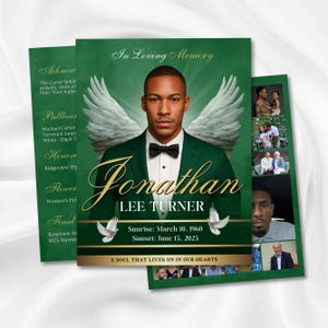 May include: A memorial card with a green background and a portrait of a man in a green suit and bow tie. The card includes the name "Jonathan Lee Turner", dates, and the phrase "A soul that lives on in our hearts."