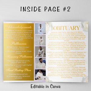 以下が含まれることがあります： 「Inside Page #2」のテキストと金色のアクセントが入った追悼サービスプログラム。死亡記事、謝辞、葬儀執行者のリストが含まれています。故人の写真も含まれています。