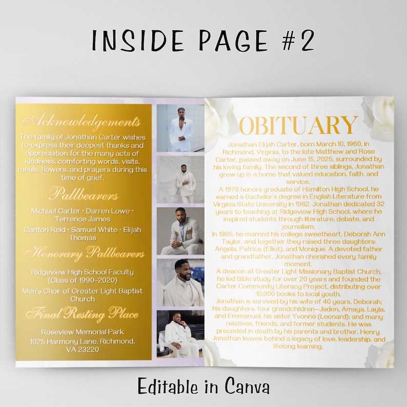 以下が含まれることがあります： 「Inside Page #2」のテキストと金色のアクセントが入った追悼サービスプログラム。死亡記事、謝辞、葬儀執行者のリストが含まれています。故人の写真も含まれています。