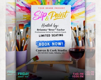 Sip And Paint Flyer, Paint Party Flyer, DIY Flyer Template Design, Premade Business Event Flyer, Sip and Shop Flyer, Canva Template,Editable