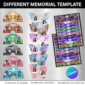 Pu&ograve; includere: Una collezione di modelli commemorativi, tra cui farfalle, nastri e ventagli. I modelli presentano foto e testo, con un logo Canva nell'angolo. Il testo include "RIP" e "Different Memorial Template."