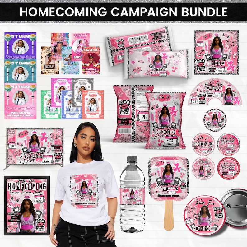 K&ouml;nnte beinhalten: Eine Sammlung von pinkfarbenen und schwarzen Artikeln f&uuml;r die Homecoming-Kampagne, darunter Poster, Aufkleber, ein T-Shirt und Etiketten f&uuml;r Wasserflaschen. Die Artikel zeigen ein Foto einer Frau und den Text "Homecoming Queen Emma Jenn 2025-2026".